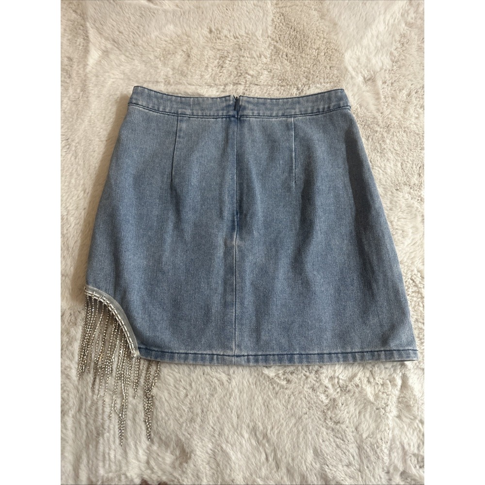 Cloud Ten Denim, Mini Skirt With A‎ Cut-Out, Rhinestone Fringe Embellishment S - Picture 5 of 9